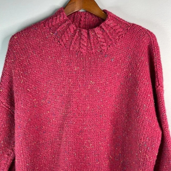VINTAGE 90’s Handmade  Knitted Mock-neck Wool Sweater Berry Cable-knit Baggy L - Picture 3 of 9